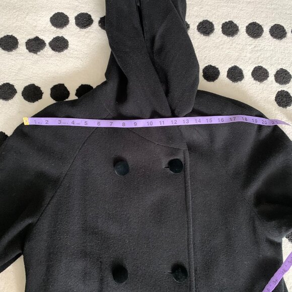 Vintage 90s Double Breasted Hooded Wool Velvet Trim Long Maxi Pea Coat Overcoat - Picture 12 of 15